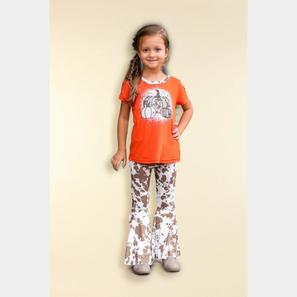 Girls' Triple Pumpkin Leopard, Cow & Orange Ringer Tee