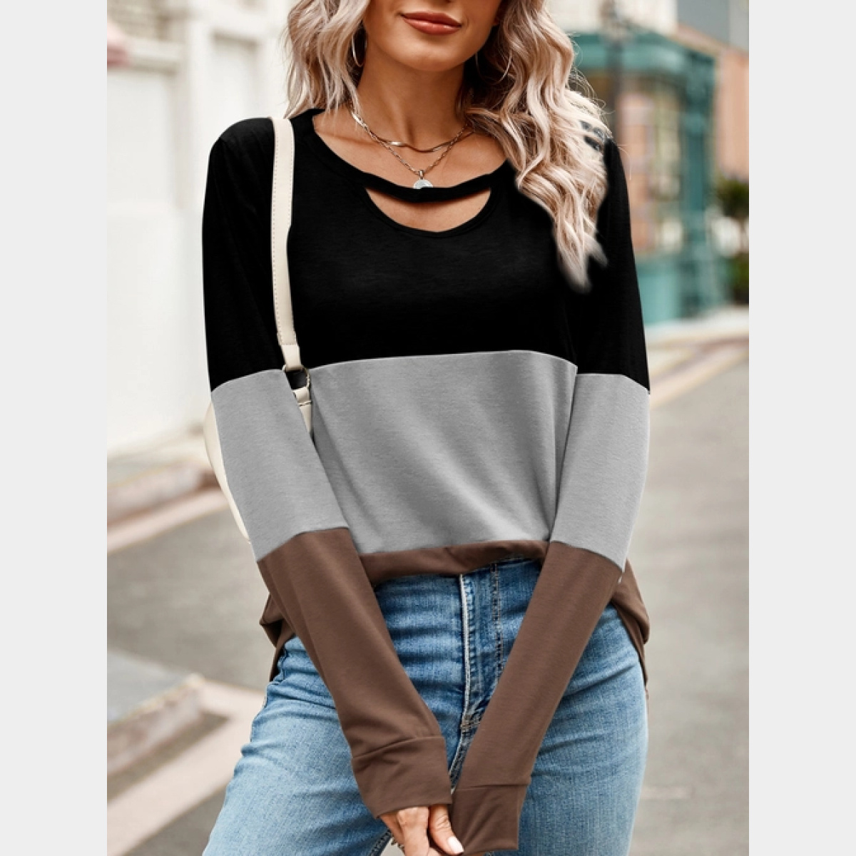 Gray Color Blocking Hollow Round Neck Long Sleeved Top