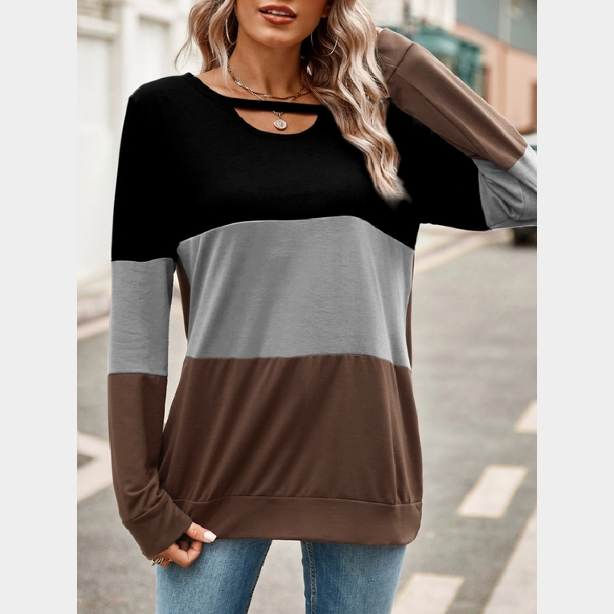 Gray Color Blocking Hollow Round Neck Long Sleeved Top