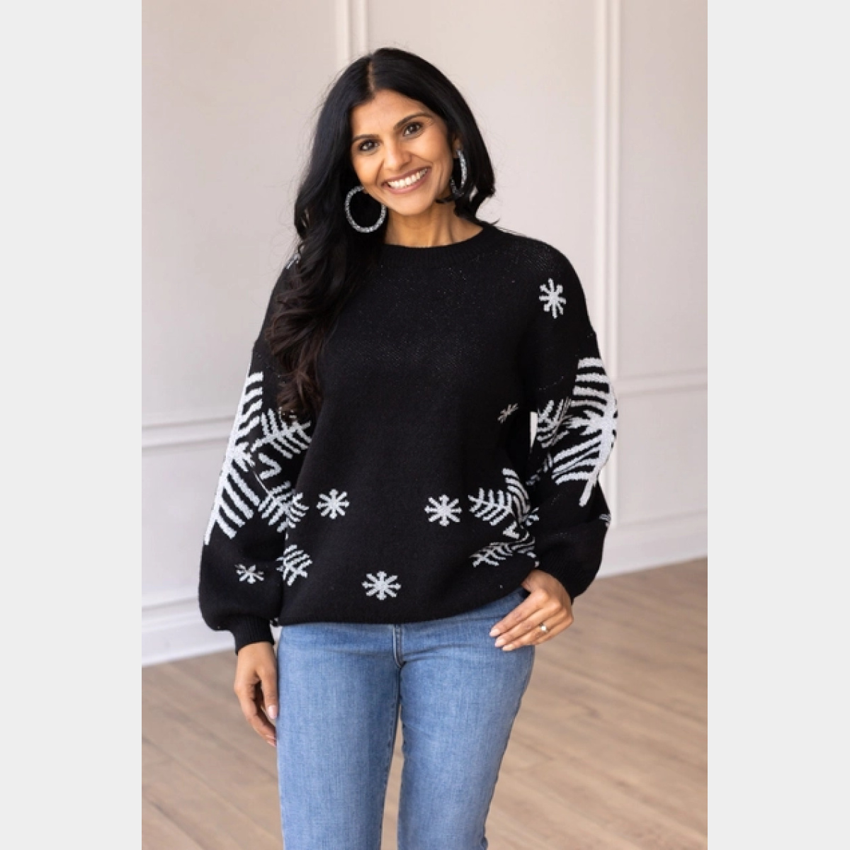 Nightfall Frost Black Sweater with Silver Snowflakes