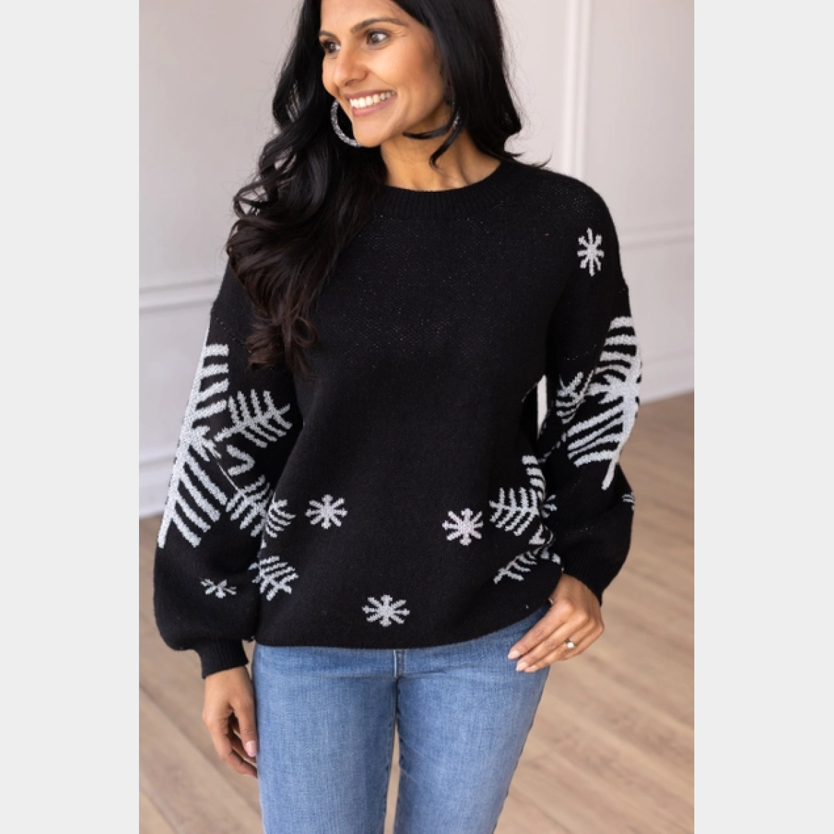 Nightfall Frost Black Sweater with Silver Snowflakes