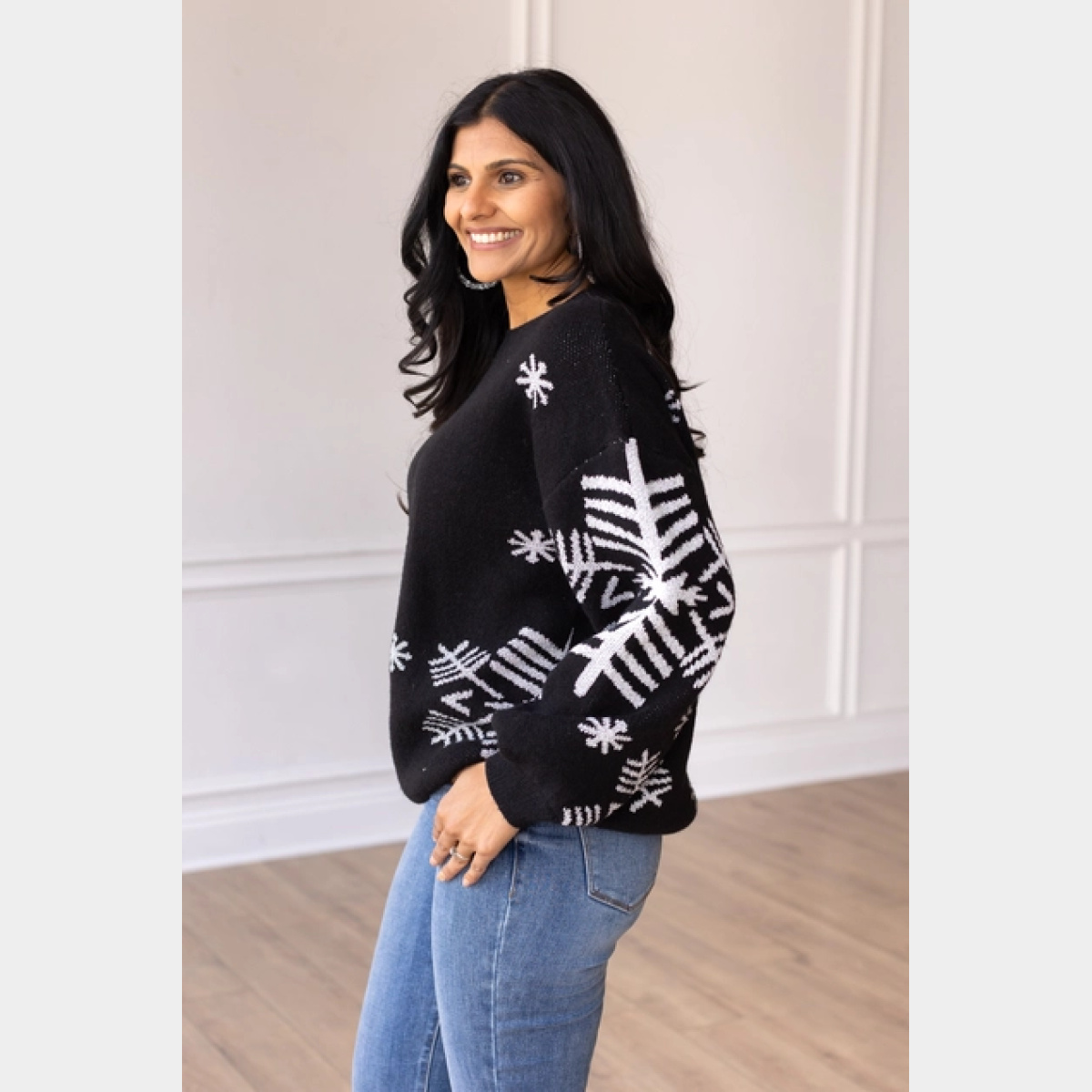 Nightfall Frost Black Sweater with Silver Snowflakes