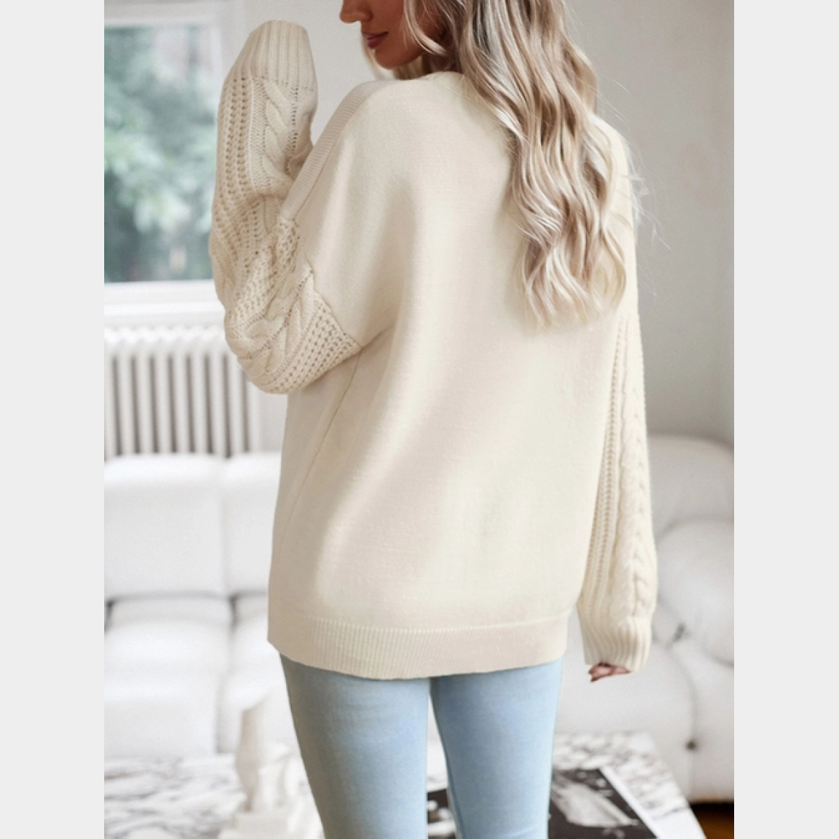 Beige Round Neck Long Sleeved Knit Tops