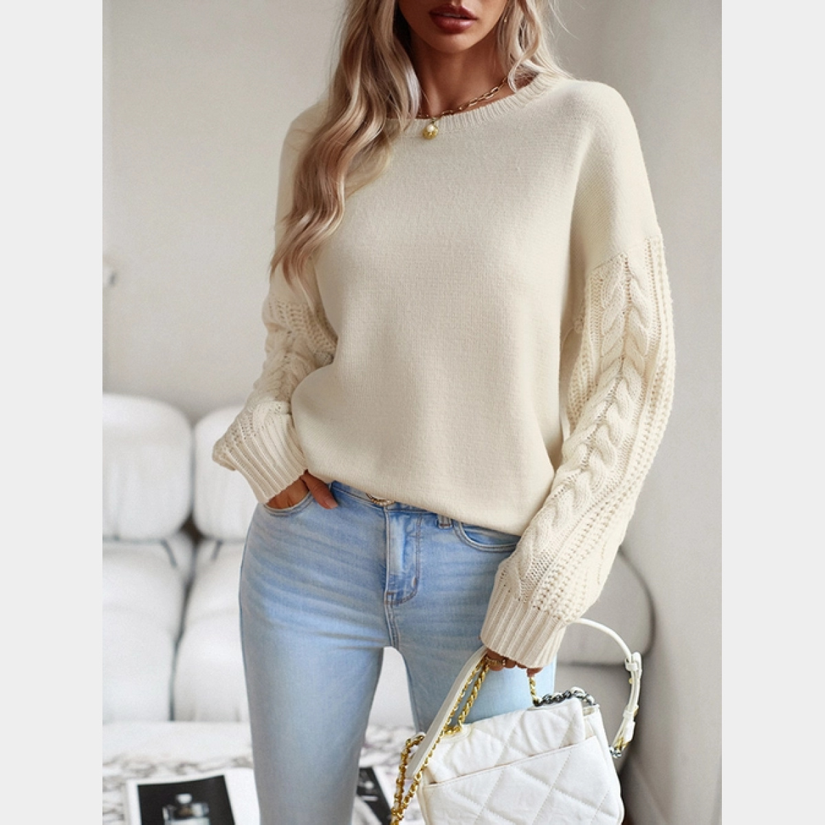 Beige Round Neck Long Sleeved Knit Tops