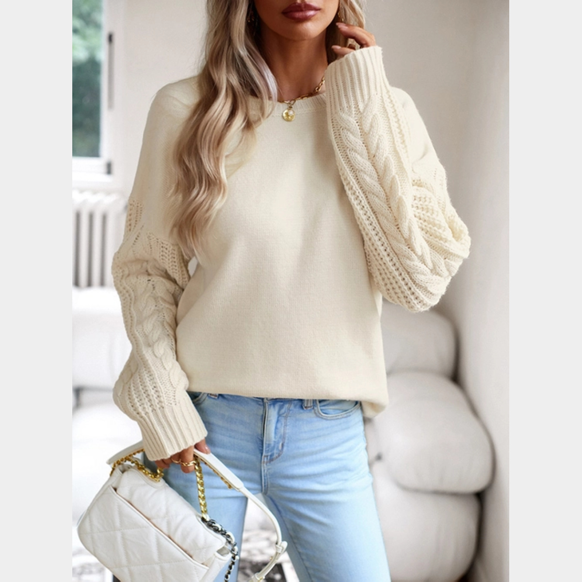 Beige Round Neck Long Sleeved Knit Tops