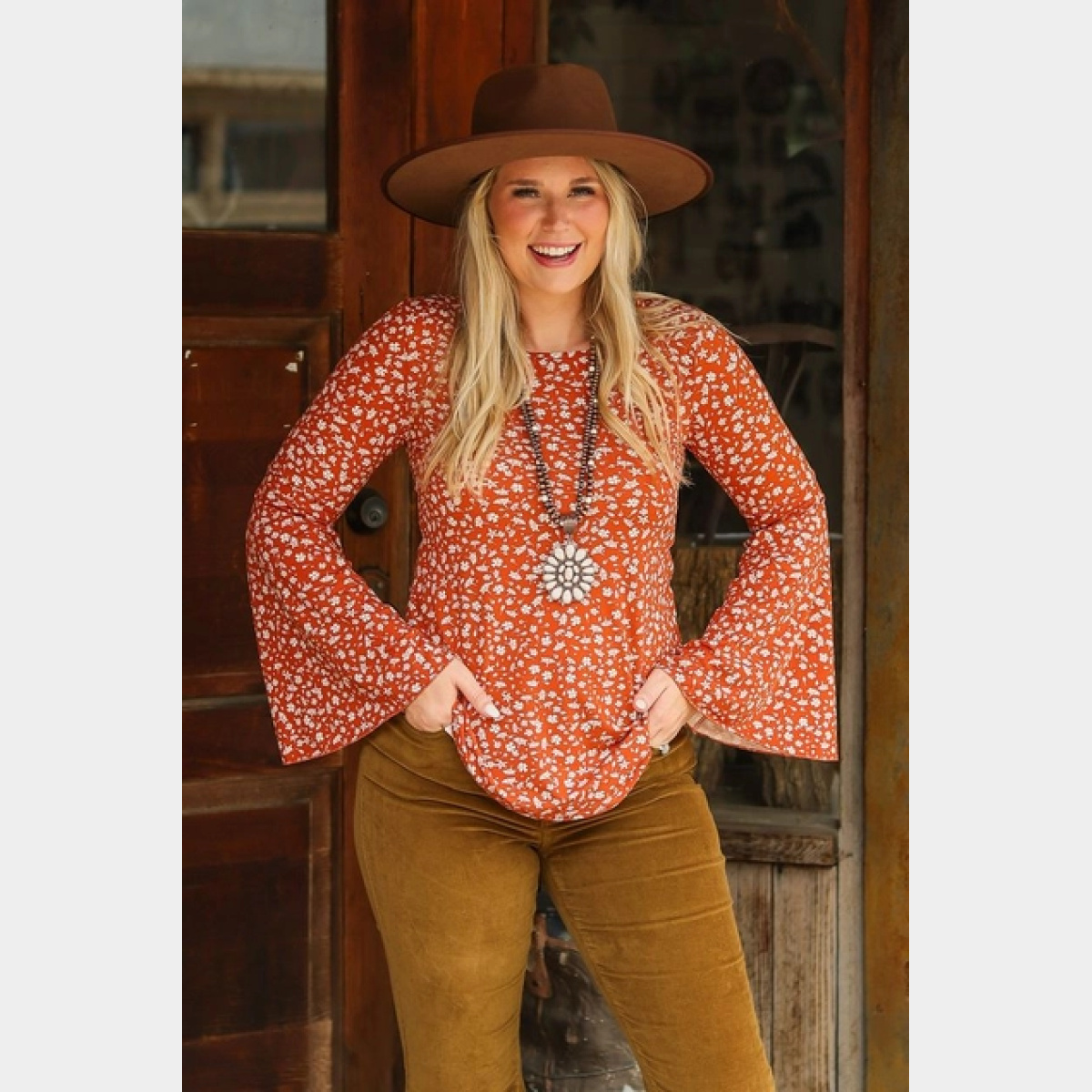 Rust Floral Bell Sleeve Top