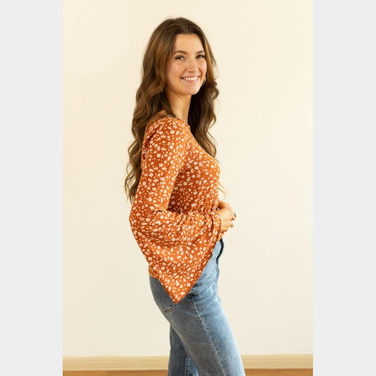 Rust Floral Bell Sleeve Top