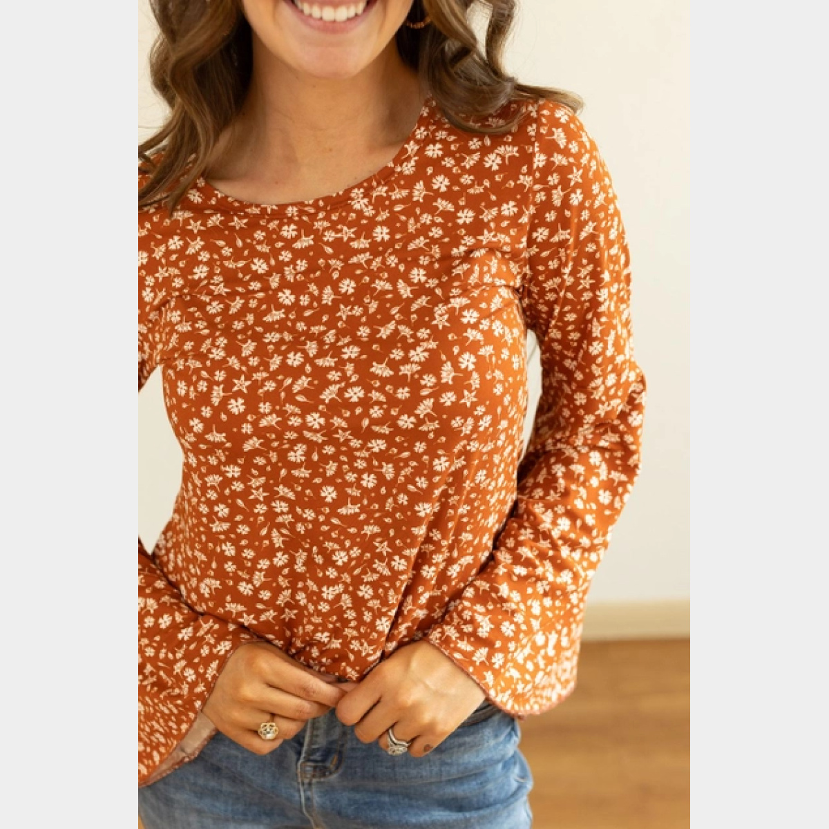 Rust Floral Bell Sleeve Top