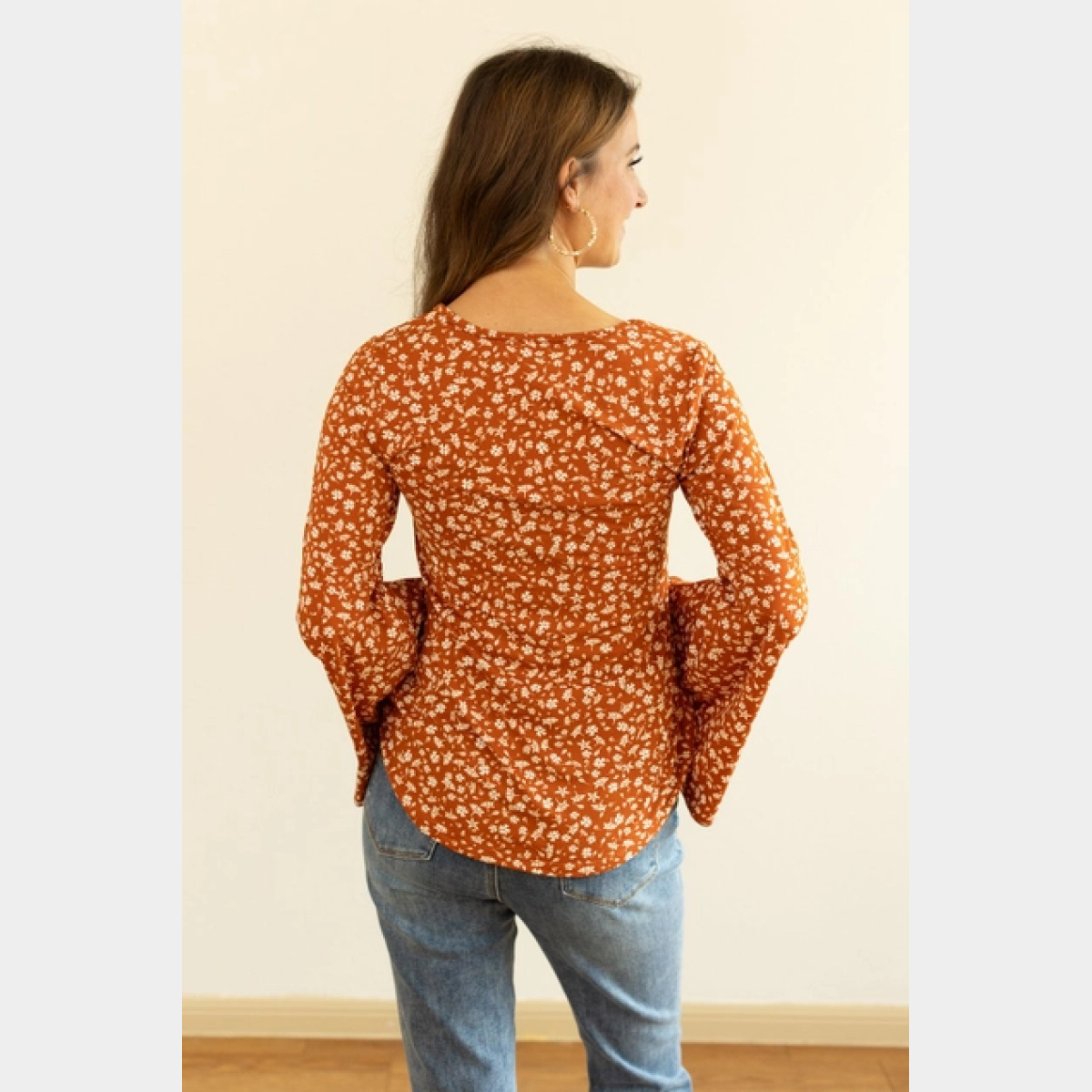 Rust Floral Bell Sleeve Top