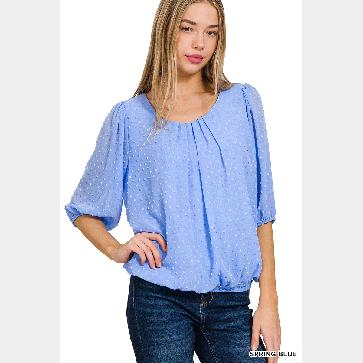 Spring Blue Swiss Dot Puff Elastic Cuffed Sleeve Top