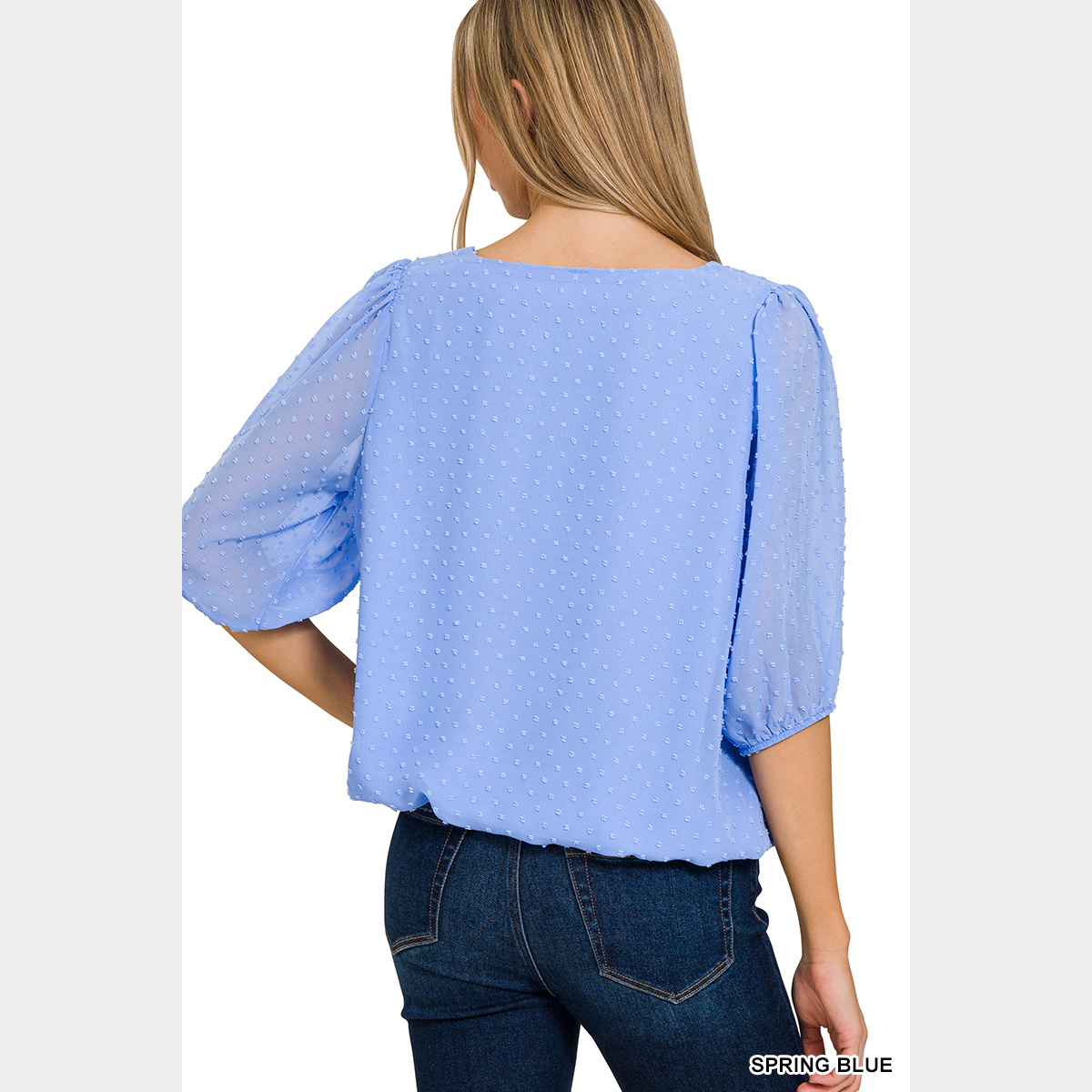 Spring Blue Swiss Dot Puff Elastic Cuffed Sleeve Top