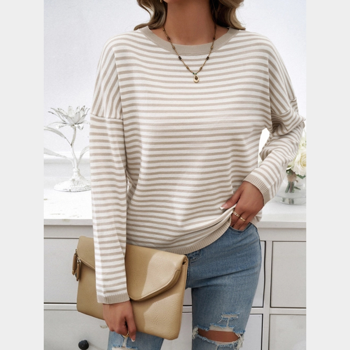 Beige Temperament Casual Round Neck Striped Sweater