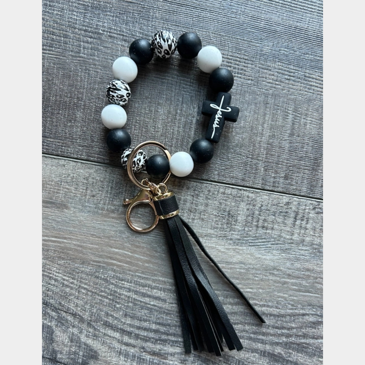 Black - Faith in Jesus Cross Silicone Bead Wristlet Keychain - Dash Outfitters