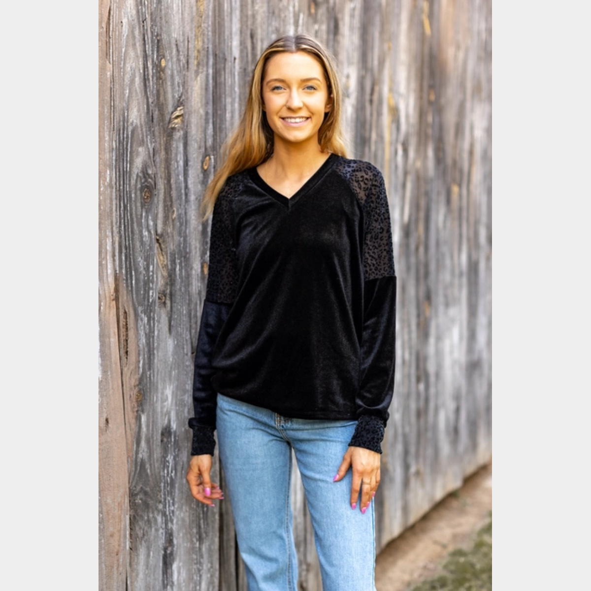 Black Velvet Top with Burnout Leopard Details