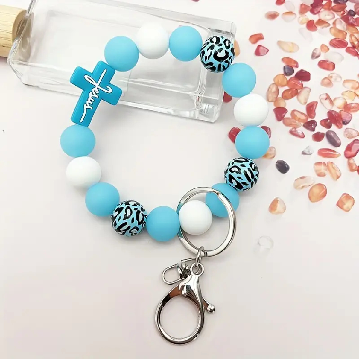 Blue Leopard Print Faith Charm Wristlet