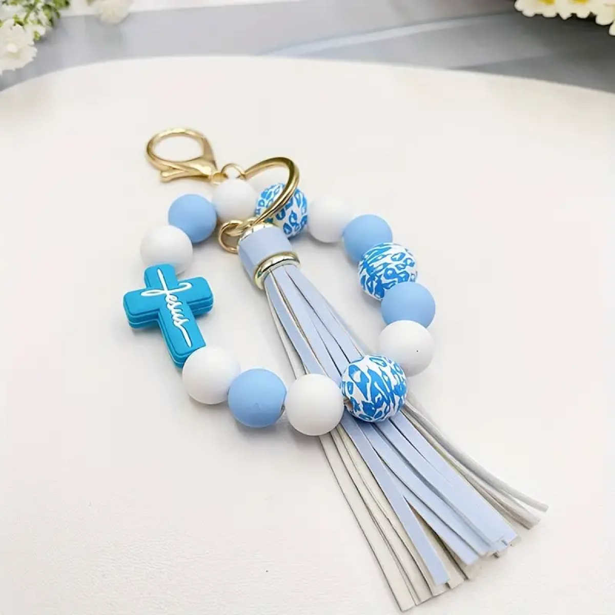 Blue Leopard Print Faith Charm Wristlet with Tassel