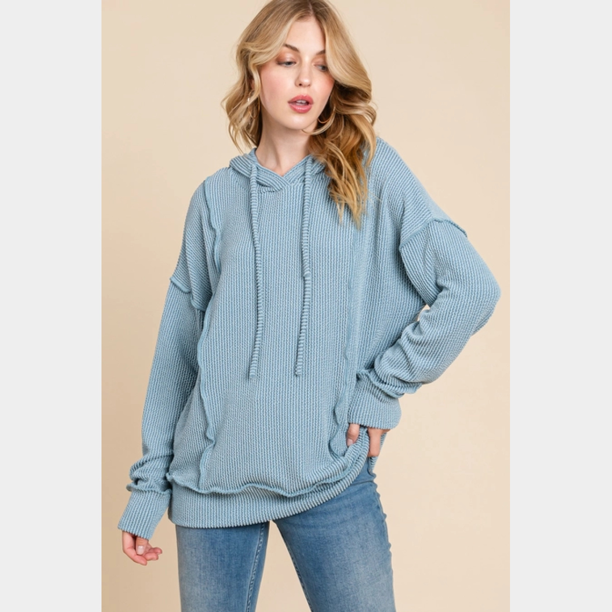 Blue Solid Ribbed Hoodie - Dash Outfitters