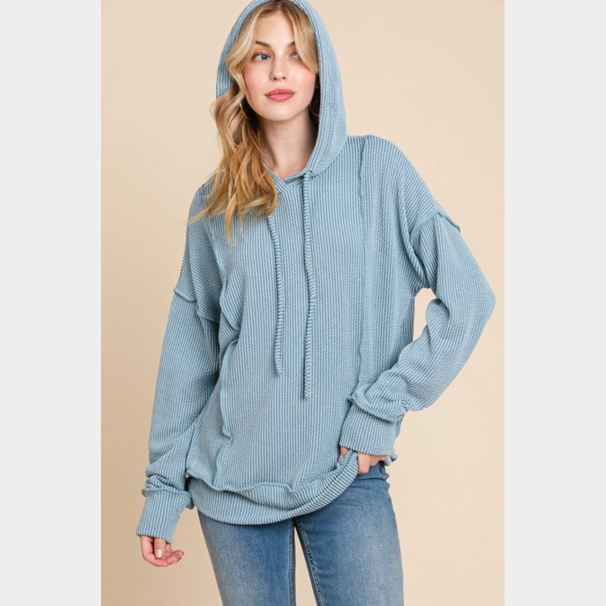 Blue Solid Ribbed Hoodie - Dash Outfitters