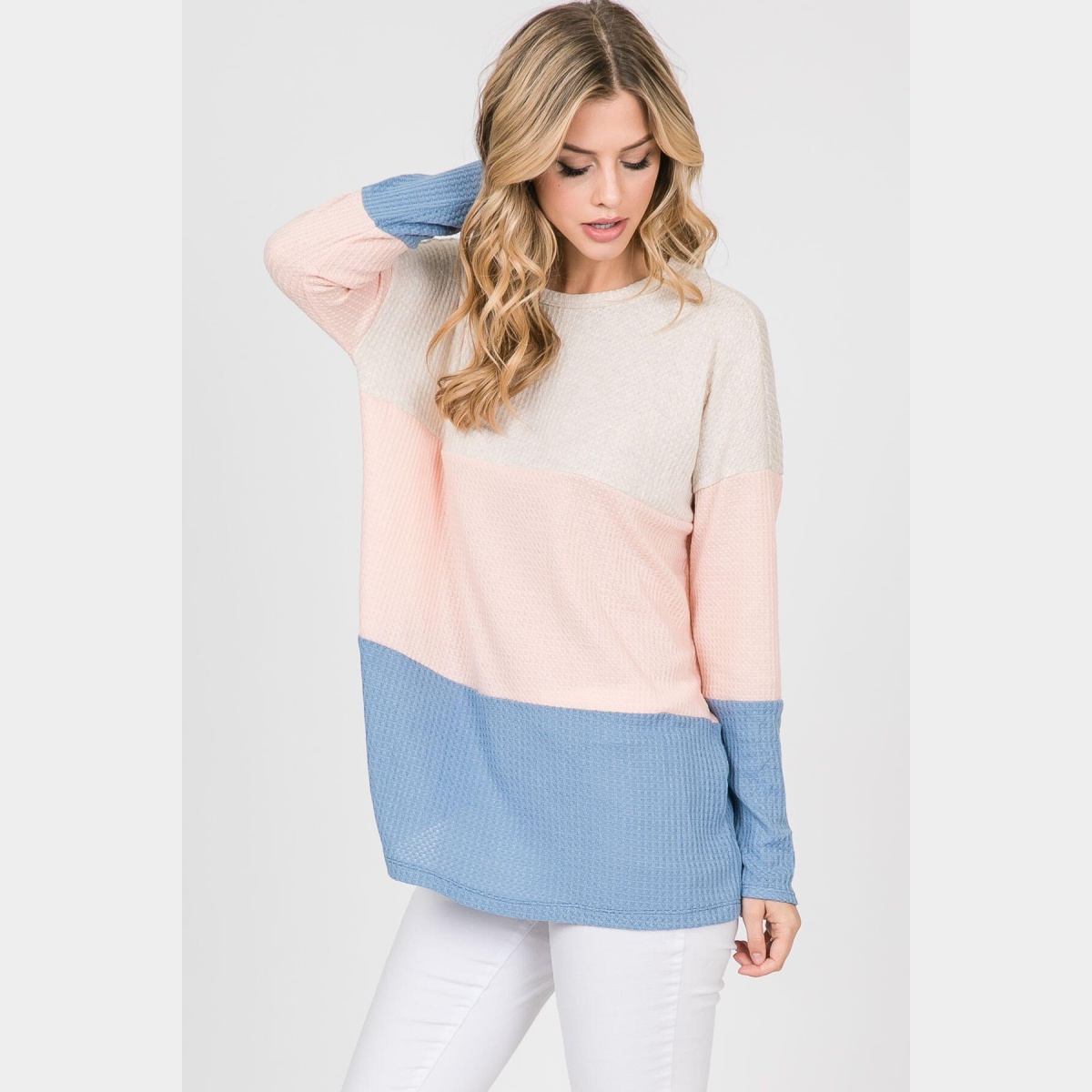 Color block waffle top with long sleeves