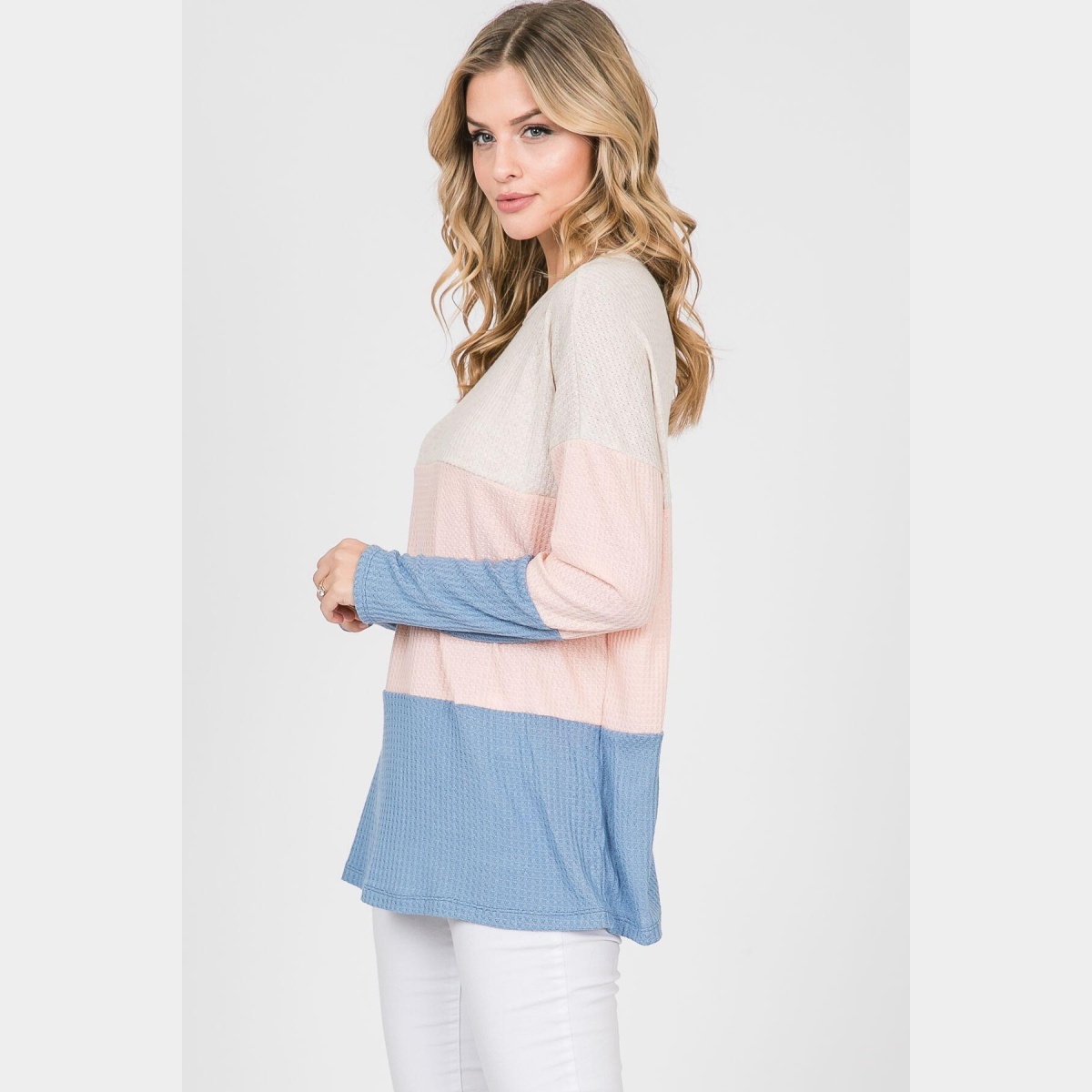 Color block waffle top with long sleeves