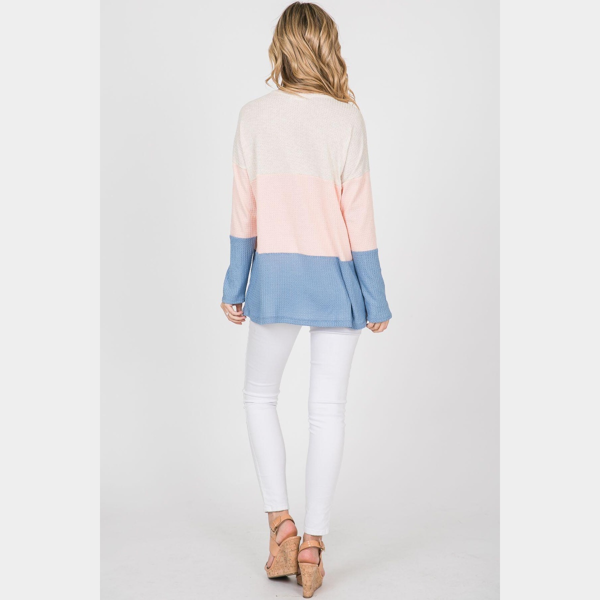 Color block waffle top with long sleeves