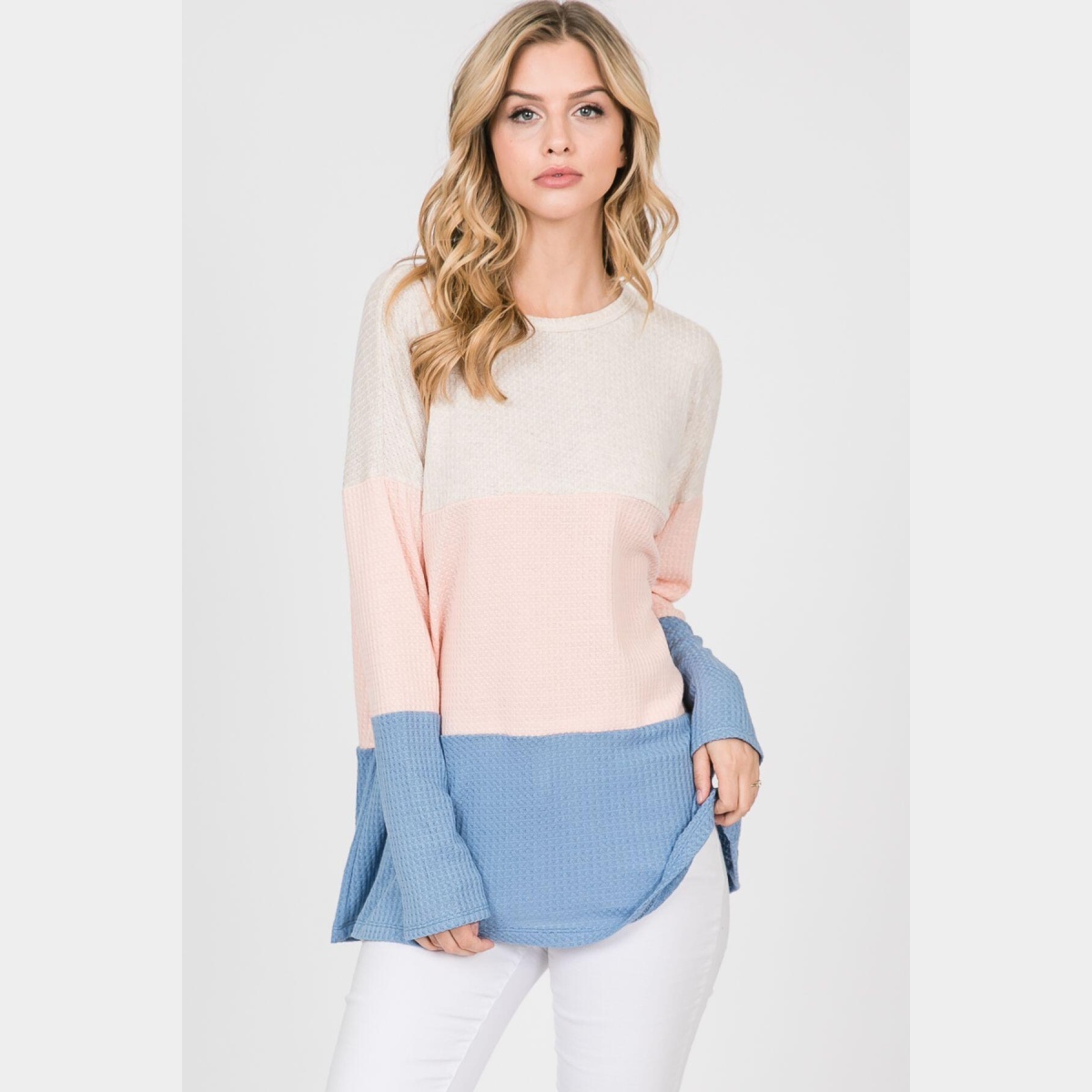 Color block waffle top with long sleeves