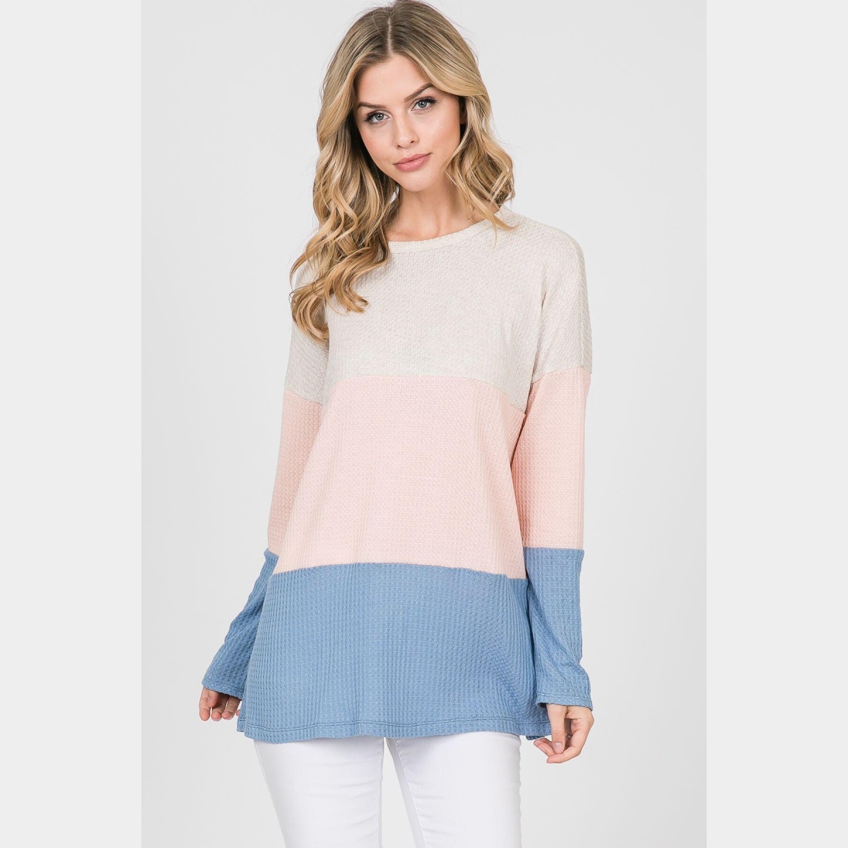 Color block waffle top with long sleeves