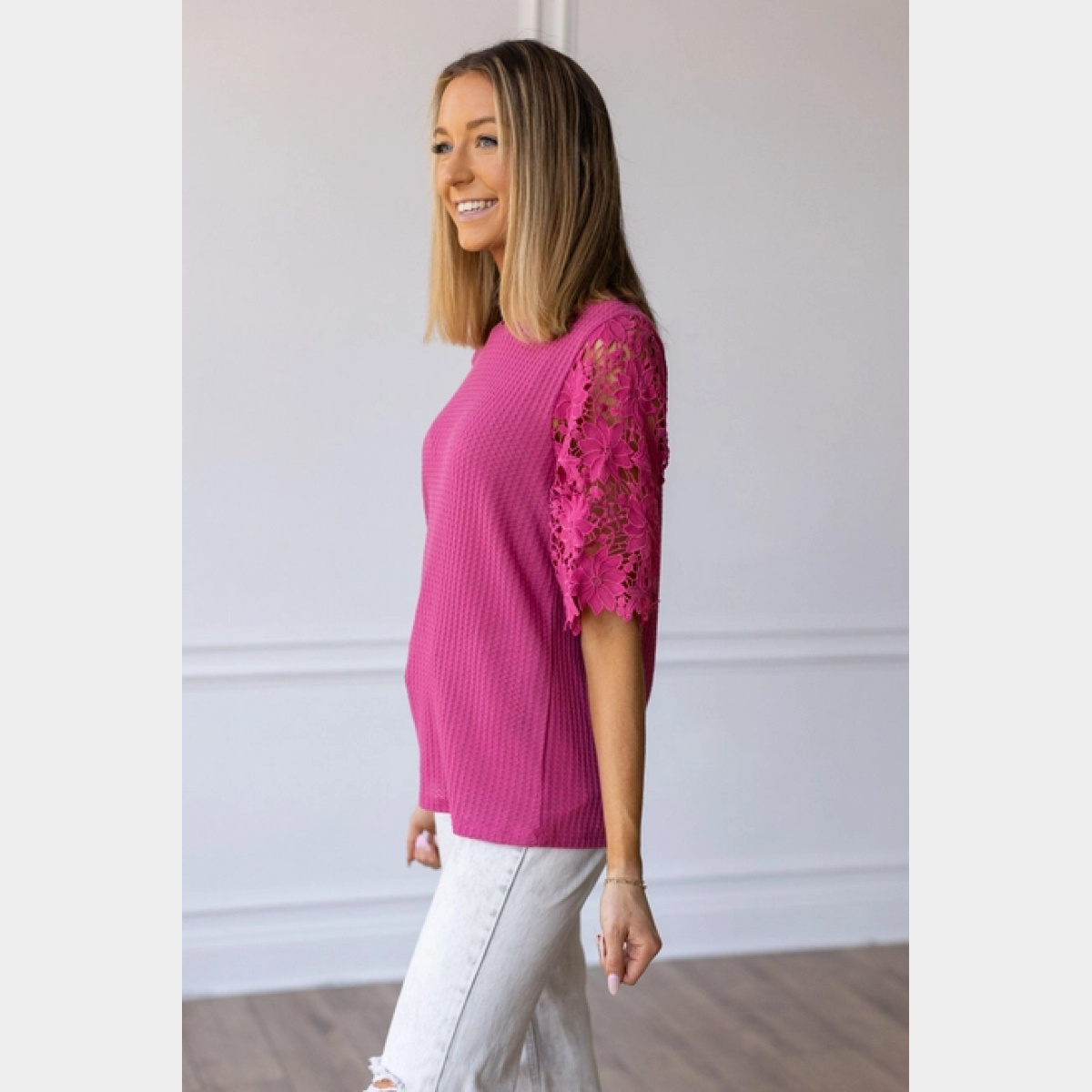 Garden Romance Waffle Knit Top in Pink