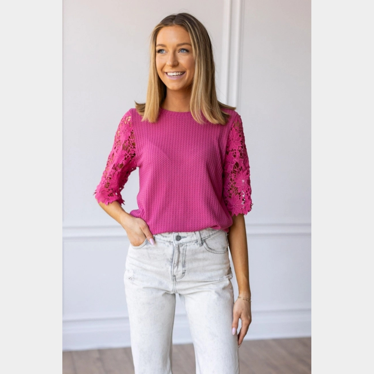 Garden Romance Waffle Knit Top in Pink