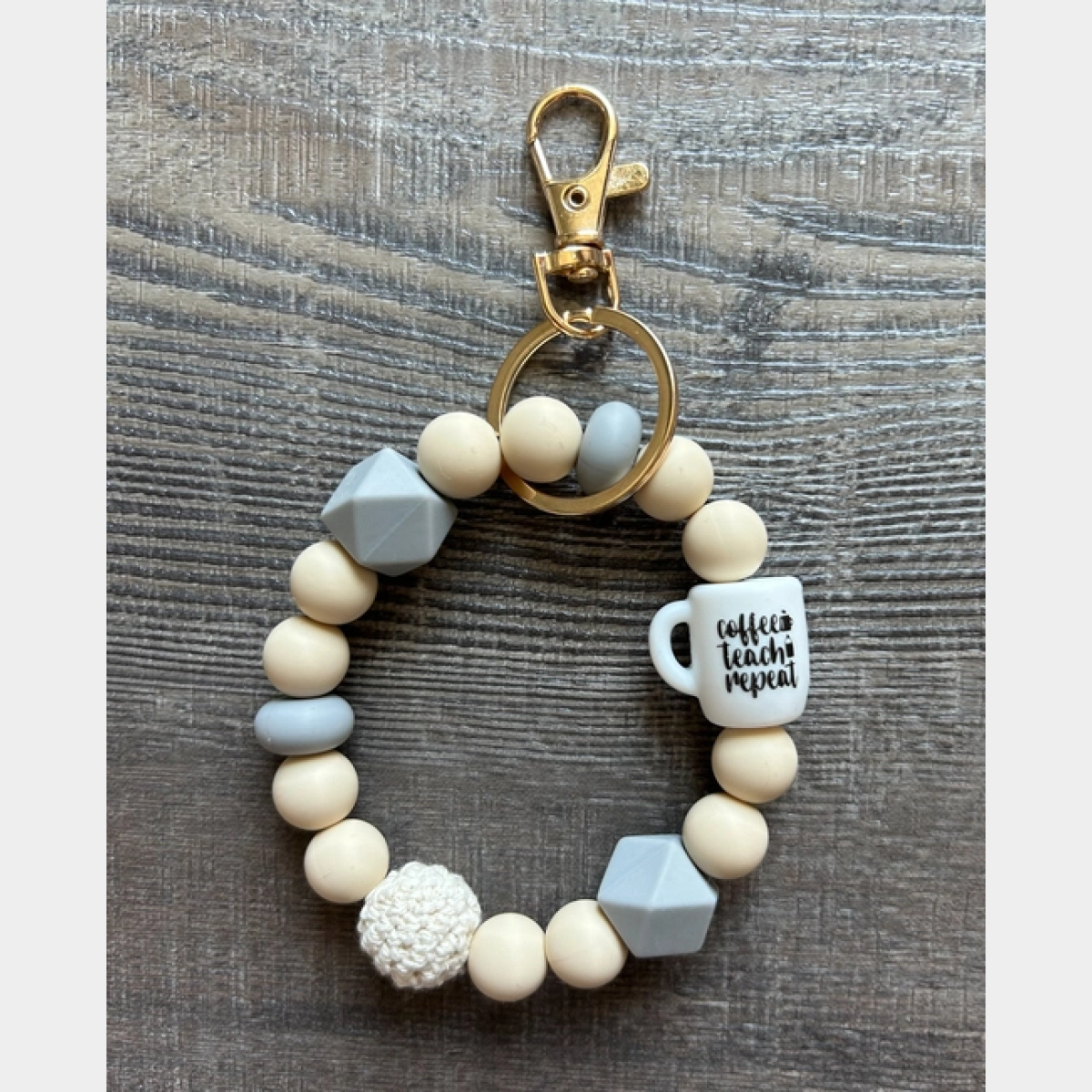 Grey Coffee Teach Repeat Silicone Bead Wristlet Keychain - Dash Outfitters