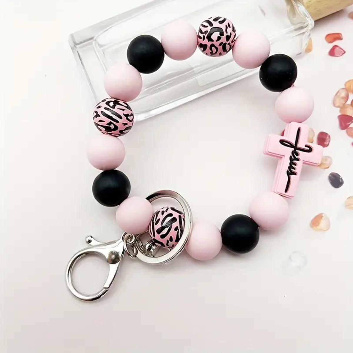 Light Pink Leopard Print Faith Charm Wristlet