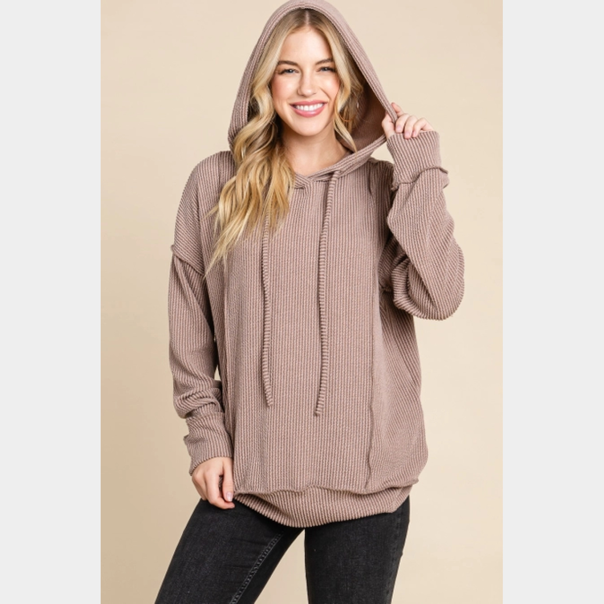 Mocha Solid Ribbed Hoodie - Dash Outfitters