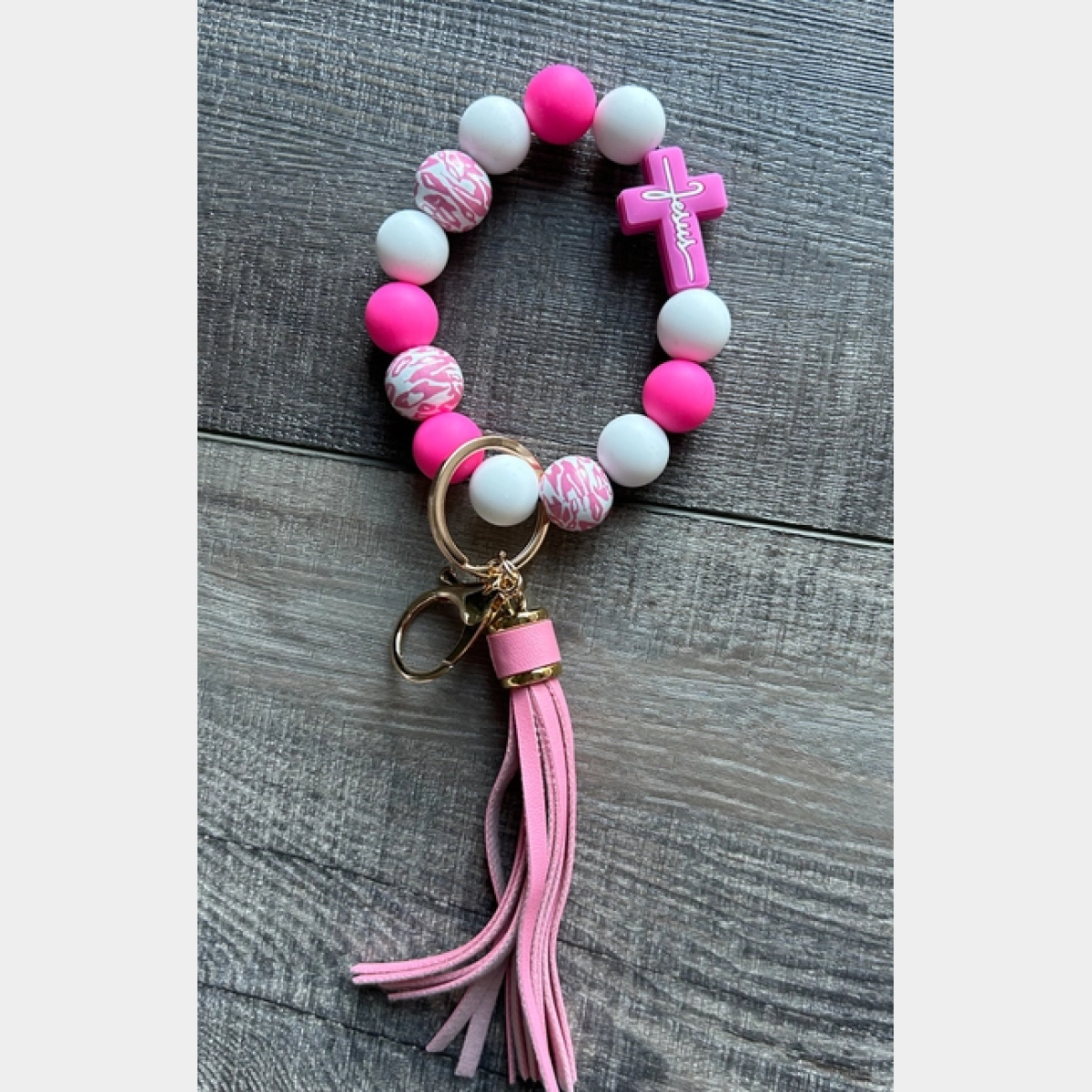 Pink - Faith in Jesus Cross Silicone Bead Wristlet Keychain - Dash Outfitters