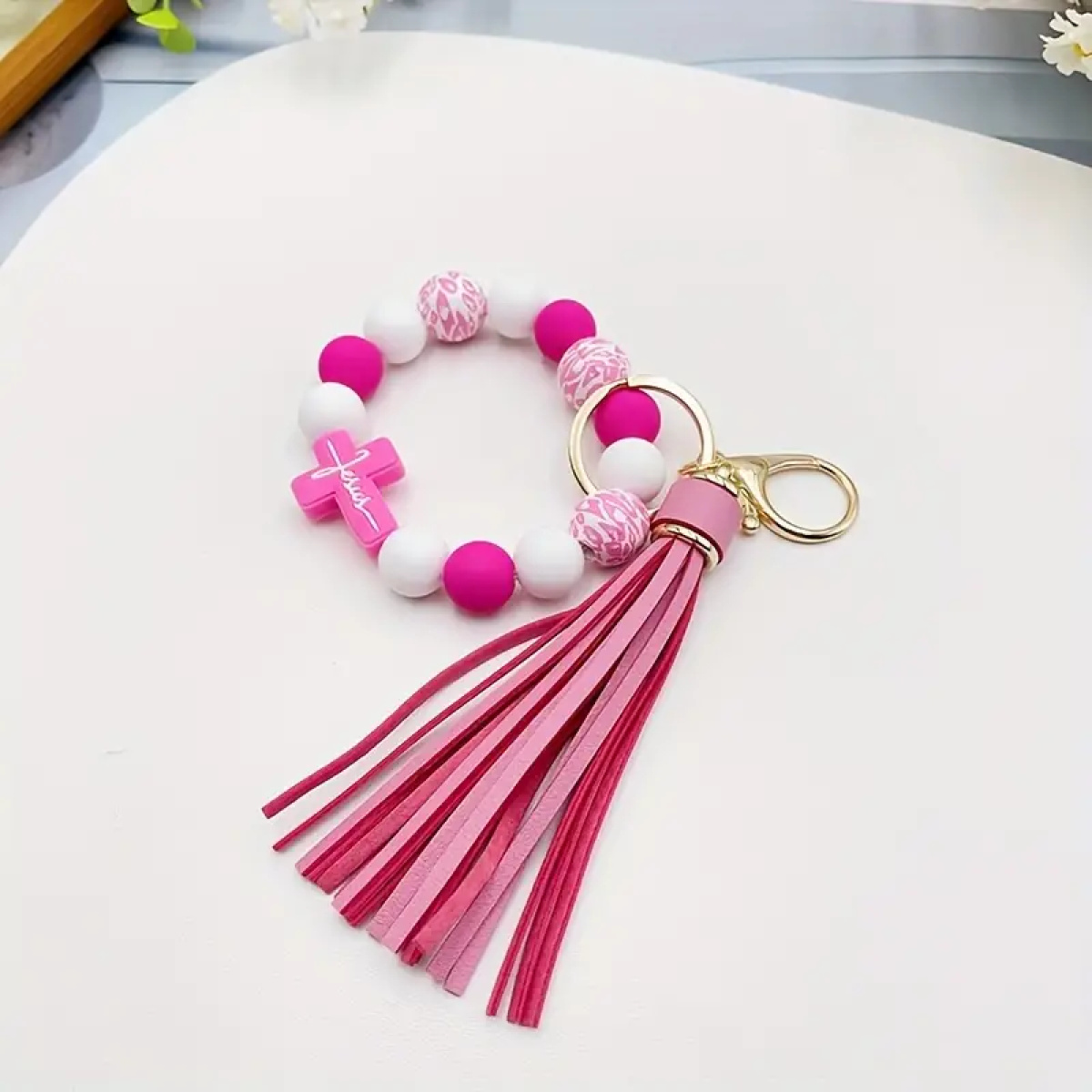 Pink Leopard Print Faith Charm Wristlet with Tassel