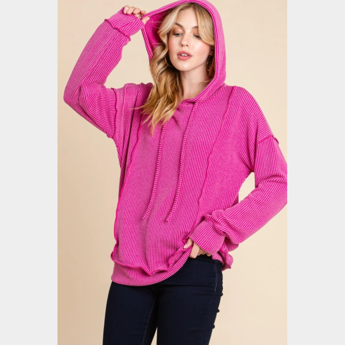 Pink Solid Ribbed Hoodie - Dash Outfitters