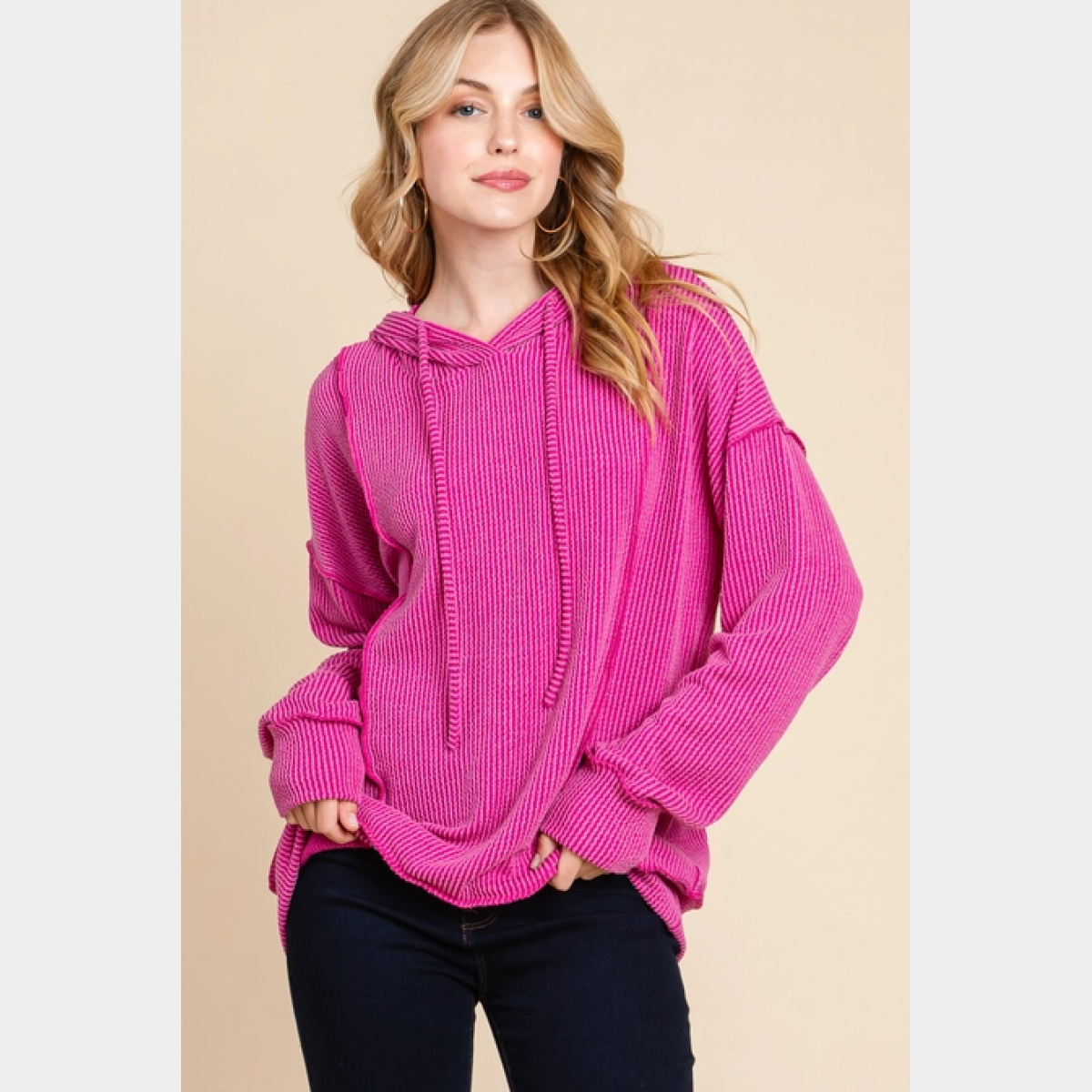 Pink Solid Ribbed Hoodie - Dash Outfitters