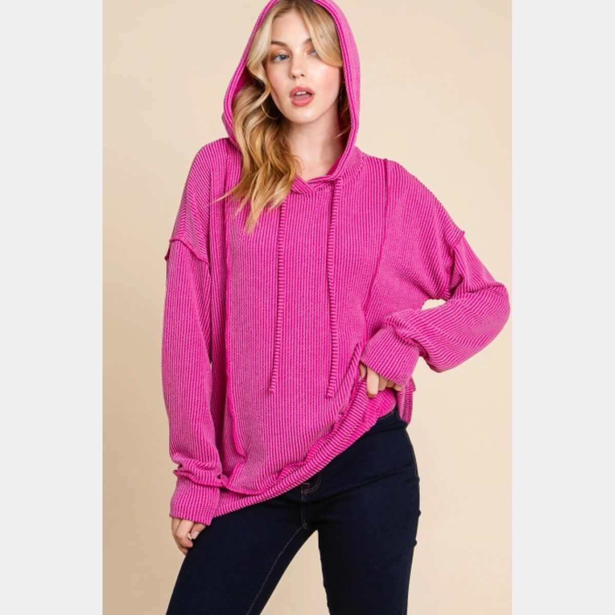 Pink Solid Ribbed Hoodie - Dash Outfitters