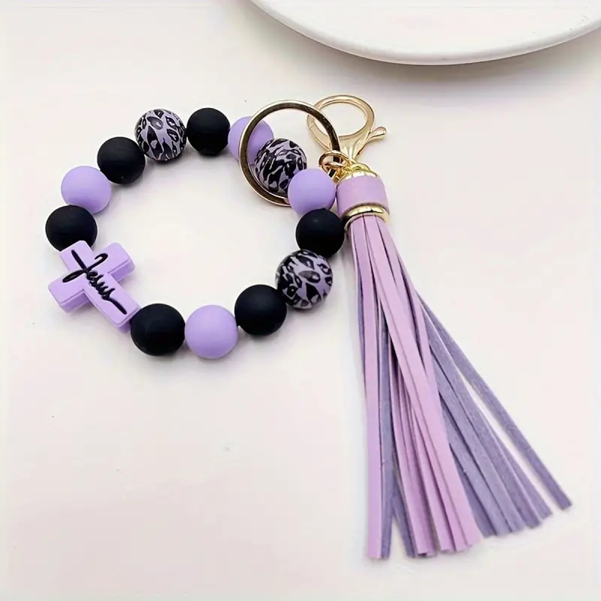 Purple Leopard Print Faith Charm Wristlet with Tassel