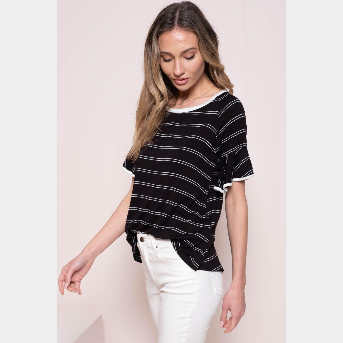 Round neck stripes ruffle sleeve top