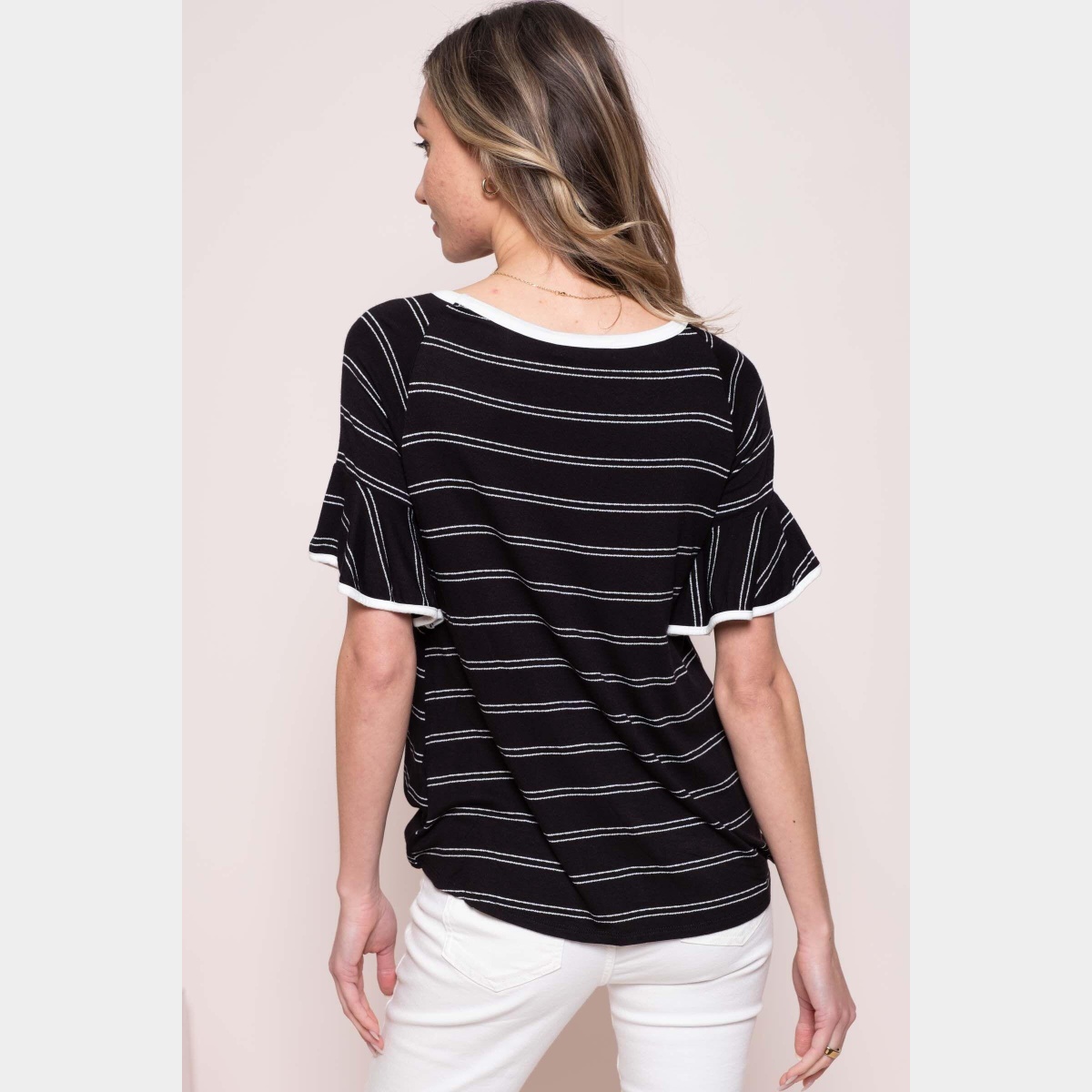 Round neck stripes ruffle sleeve top