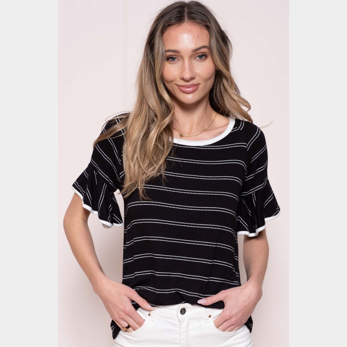 Round neck stripes ruffle sleeve top