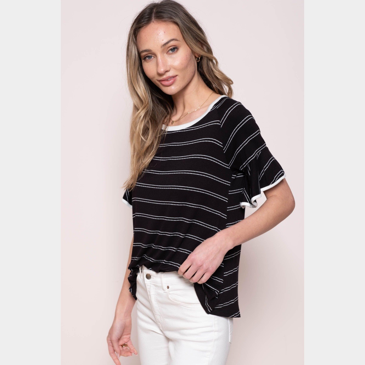 Round neck stripes ruffle sleeve top