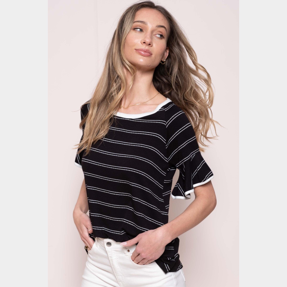 Round neck stripes ruffle sleeve top