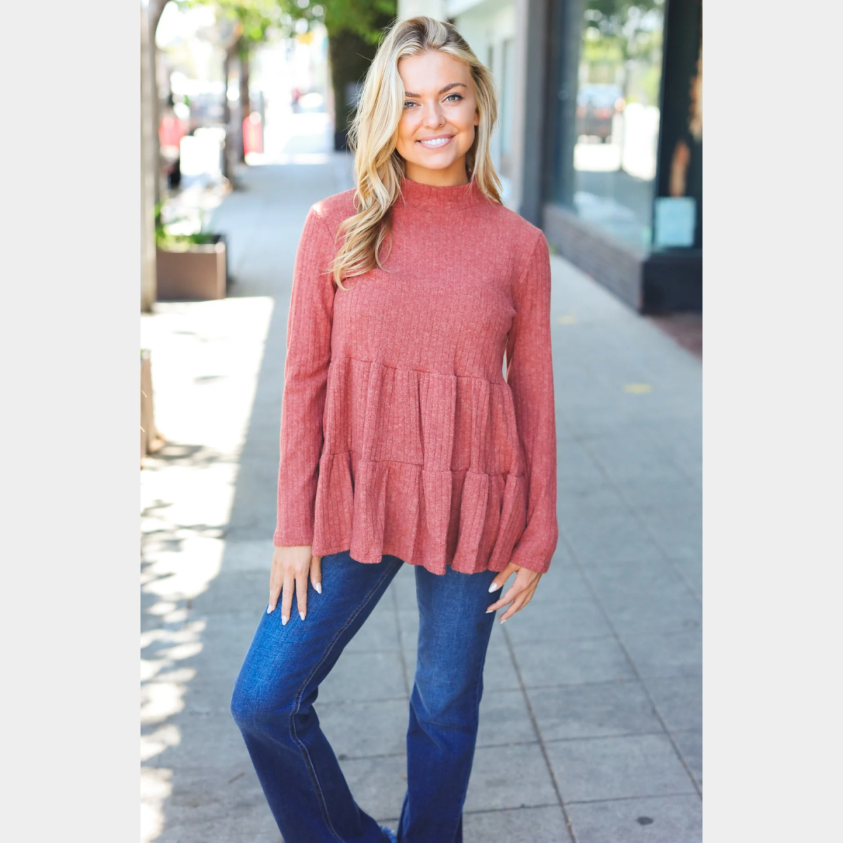 Rust Brushed Ribbed Tiered Top - Dash Outfitters