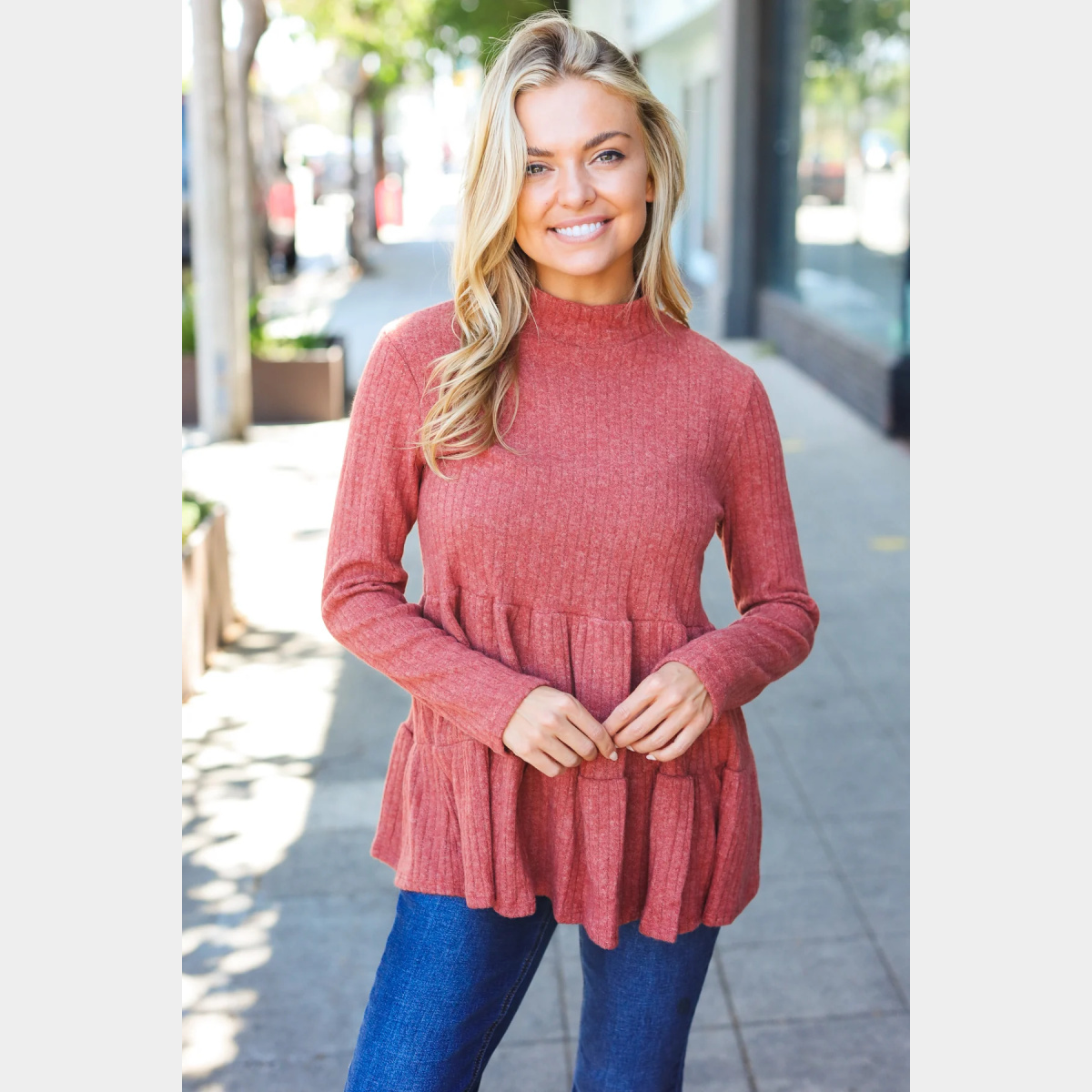 Rust Brushed Ribbed Tiered Top - Dash Outfitters