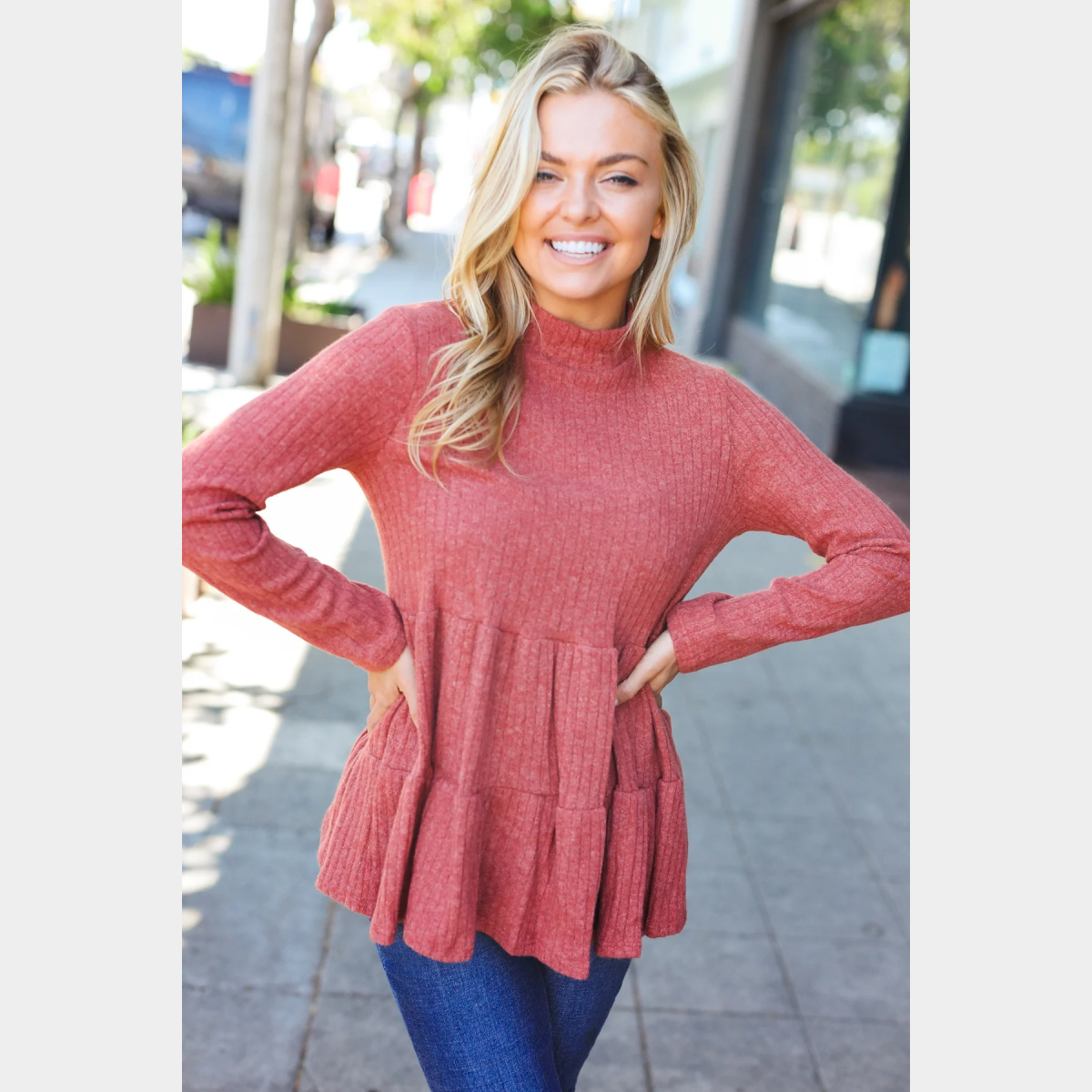 Rust Brushed Ribbed Tiered Top - Dash Outfitters