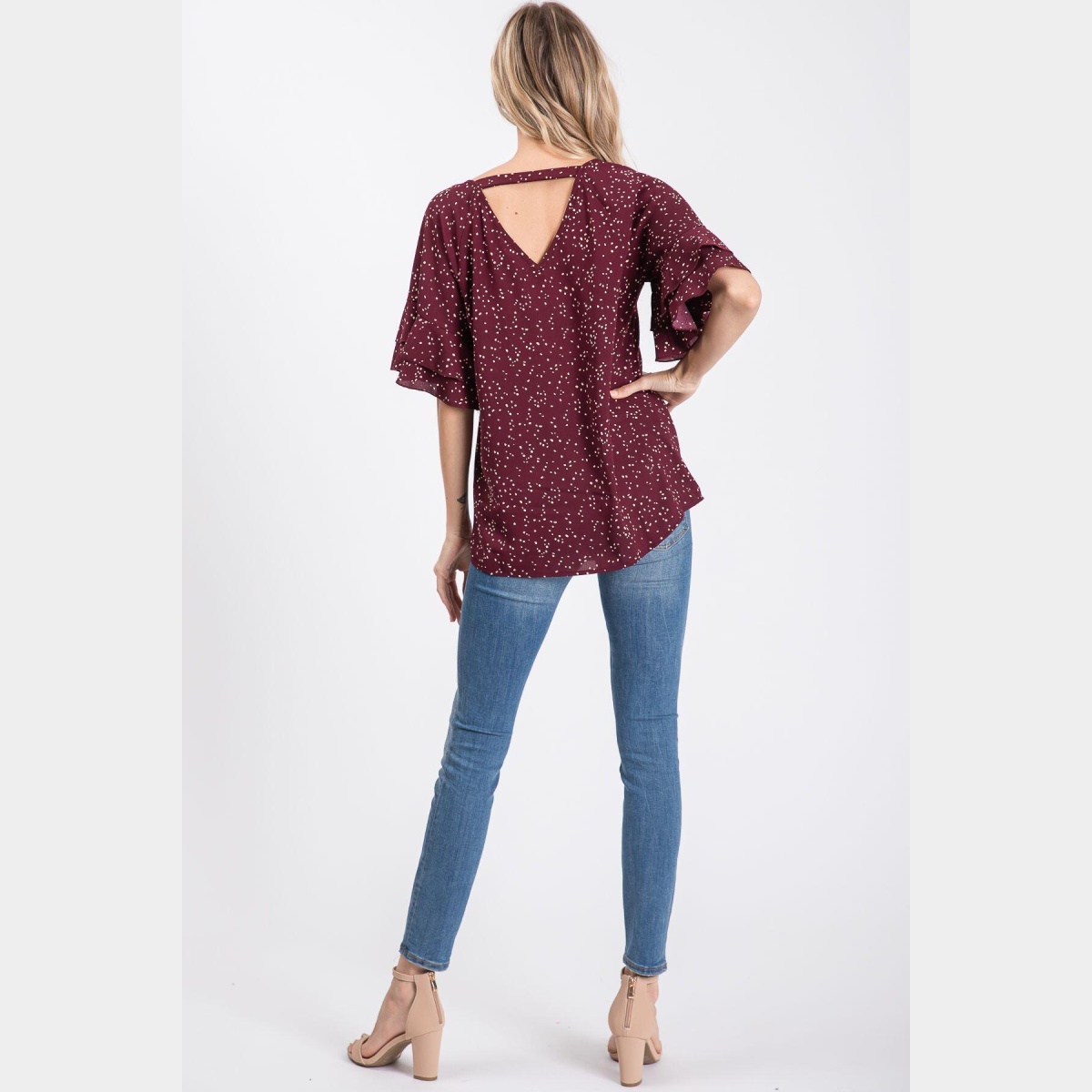 Rust V-Neck Irregular Polka Dot Woven Top