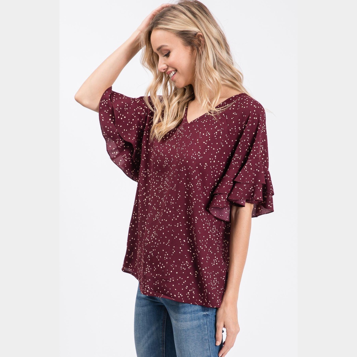 Rust V-Neck Irregular Polka Dot Woven Top