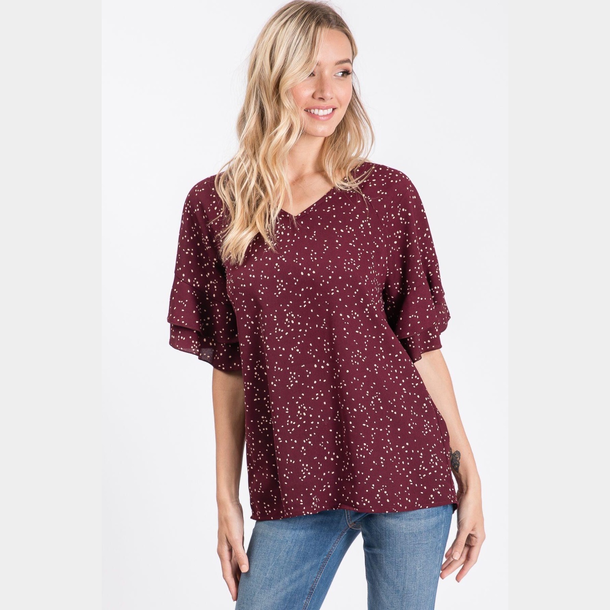 Rust V-Neck Irregular Polka Dot Woven Top