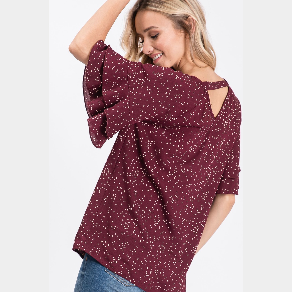 Rust V-Neck Irregular Polka Dot Woven Top